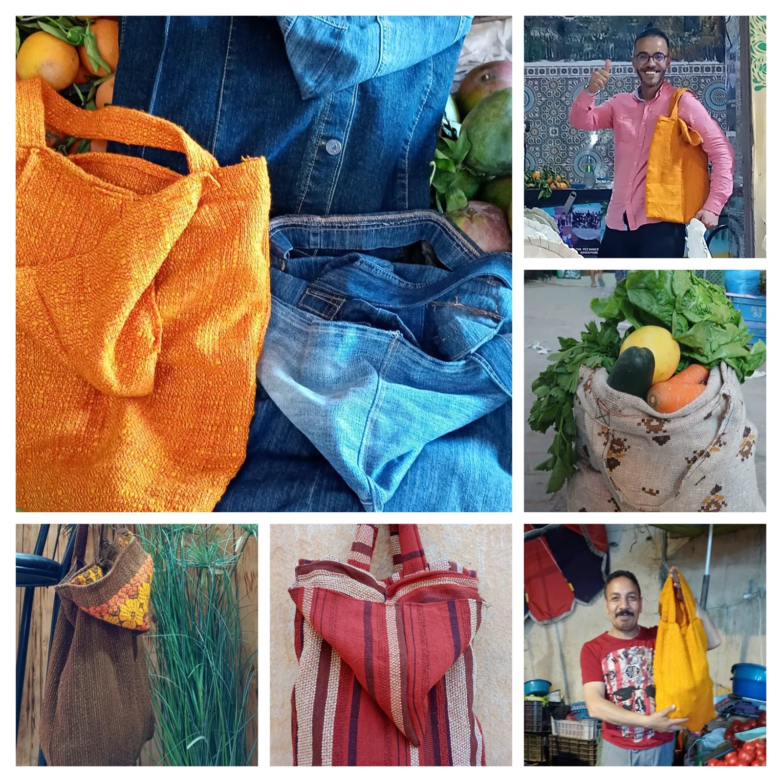 Medina Bag family — collage of the djellaba-hood carry bag range.